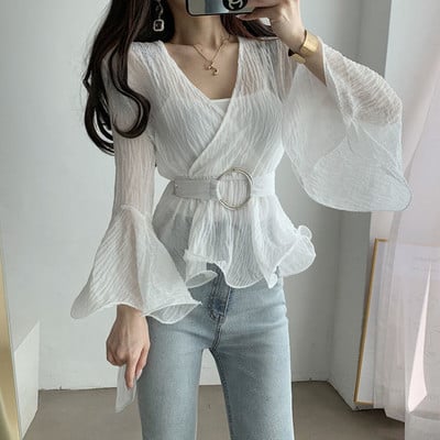 Ženska bluza s pojasom Jednobojna temperamentna moda Uski V-izrez Ljeto Nova prozračna vintage širokih rukava Ženski korejski stil