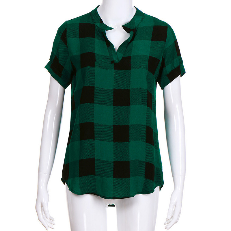 Ljetna karirana bluza velikih veličina Ženska ležerna pamučna majica kratkih rukava s V-izrezom Ženska bluza Tunika Odjeća