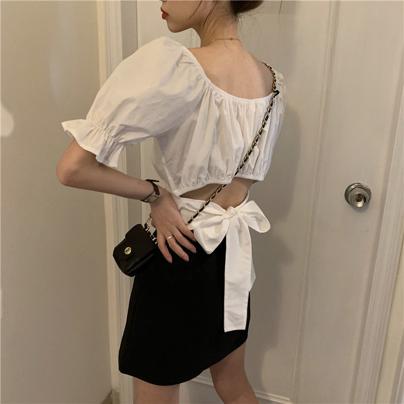 Top s čipkom bez leđa Elegantne mladenačke ženske bluze Chic Moda Ljetna košulja kratkih rukava Niski izrez Seksi 2022 Novo