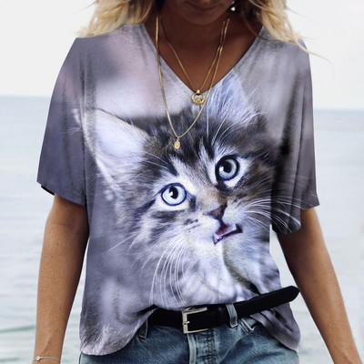 Modes sieviešu Y2k T-krekls ar V veida kakla izgriezumu, 5xl kaķu apdruka, meitenes Harajuku pulovers ar īsām piedurknēm vasaras ikdienas apģērba brīvdienu sieviešu T-krekls