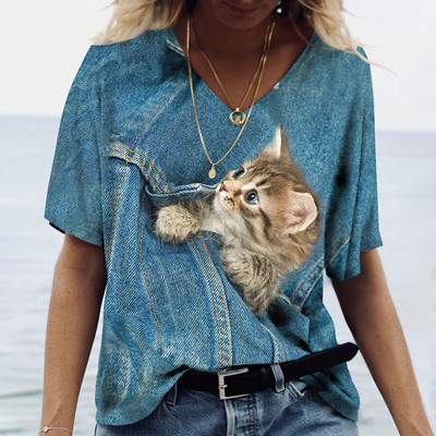 Modes sieviešu Y2k T-krekls ar V veida kakla izgriezumu, 5xl kaķu apdruka, meitenes Harajuku pulovers ar īsām piedurknēm vasaras ikdienas apģērba brīvdienu sieviešu T-krekls