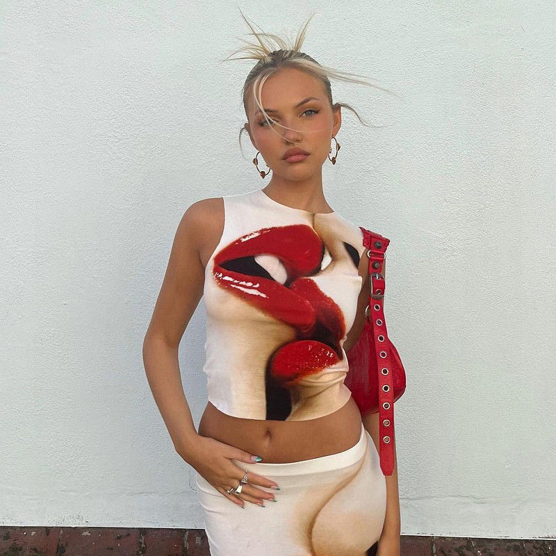 Ljeto Seksi crvene usne Grafika Majica bez rukava Osobnost Estetska boja Bez rukava y2k odjeća trashy y2k ženski top Slim