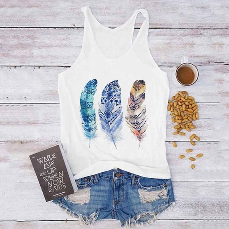 Topuri sexy de vară, Harajuku, fără mâneci, camisole, maiuri, vestă, pene, imprimeu, ocazional, tricou pentru femei, anilor '90