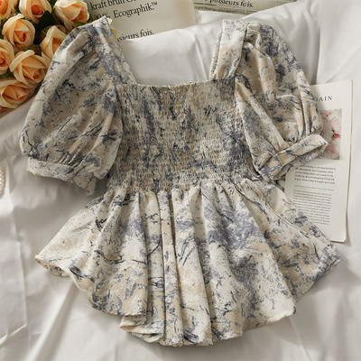 Bluze Žene Temperament Studentice Trendy Top Putovanje Četvrtasti ovratnik Prijatelji Nabori Tinejdžeri Cvjetne Ljeto Sve za van Nježne BF