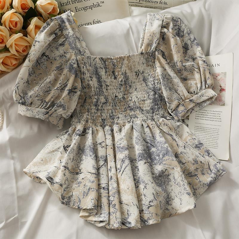 Bluze Žene Temperament Studentice Trendy Top Putovanje Četvrtasti ovratnik Prijatelji Nabori Tinejdžeri Cvjetne Ljeto Sve za van Nježne BF