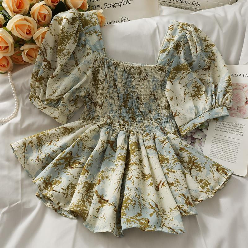 Bluze Žene Temperament Studentice Trendy Top Putovanje Četvrtasti ovratnik Prijatelji Nabori Tinejdžeri Cvjetne Ljeto Sve za van Nježne BF