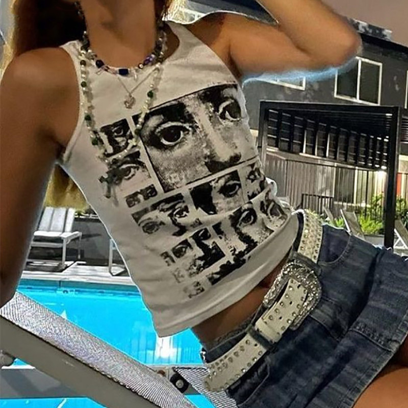 2022. Ženske kratke majice s orezom i zelenim printom bez rukava, vintage modne majice kratkih rukava 90-ih, Y2K, seksi ležerne majice bez rukava