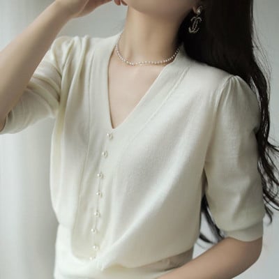 Bijela pletena košulja s V-izrezom, bluza kratkih rukava 2022. Ležerna košulja u korejskom stilu za žene, profesionalna, elegantna OL odjeća