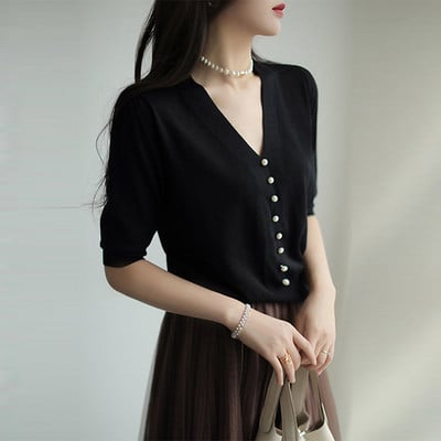 Bijela pletena košulja s V-izrezom, bluza kratkih rukava 2022. Ležerna košulja u korejskom stilu za žene, profesionalna, elegantna OL odjeća