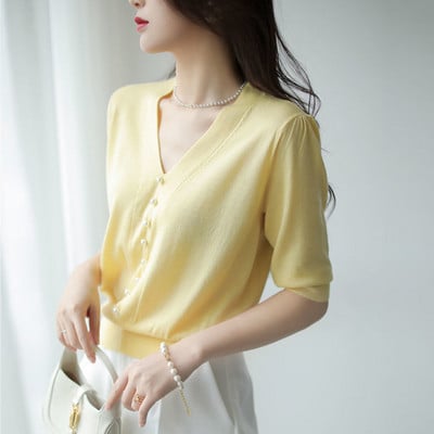 Bijela pletena košulja s V-izrezom, bluza kratkih rukava 2022. Ležerna košulja u korejskom stilu za žene, profesionalna, elegantna OL odjeća