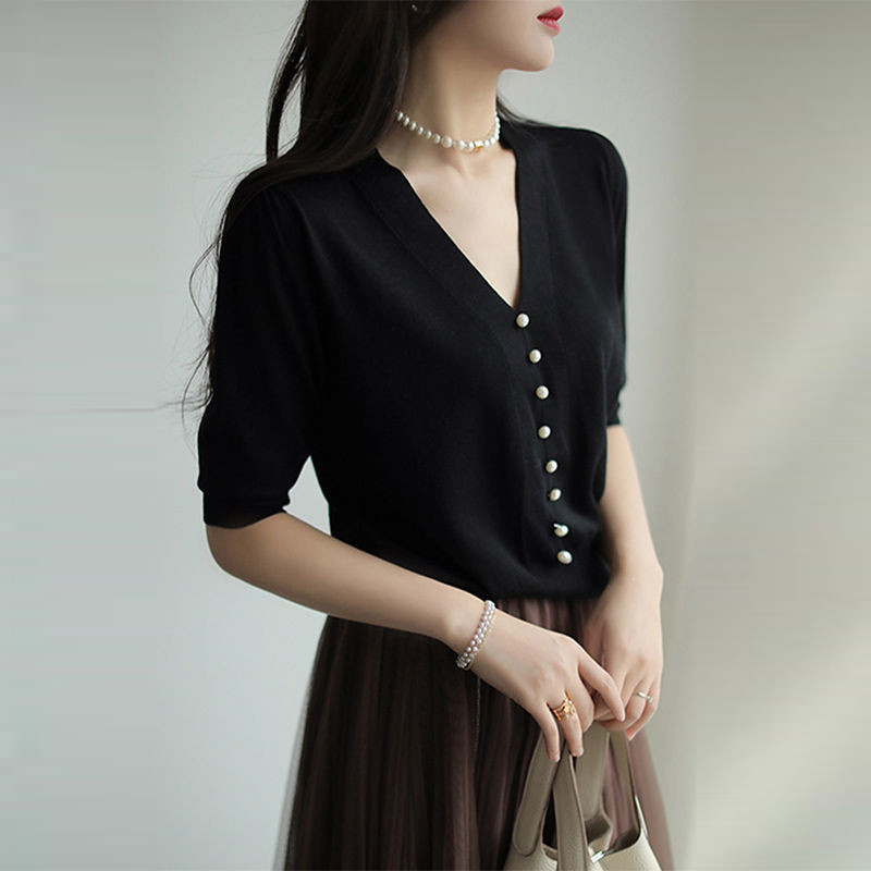 Bijela pletena košulja s V-izrezom, bluza kratkih rukava 2022. Ležerna košulja u korejskom stilu za žene, profesionalna, elegantna OL odjeća