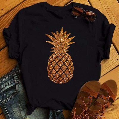 „Maycaur“ nauji moteriški marškinėliai Madingi ananasais marginti viršutiniai marškinėliai Moteriški trumpomis rankovėmis O formos iškirptės marškinėliai Moteriški vasaros mieli marškinėliai