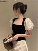 Woherb Vintage baršunasta bluza Ženske seksi majice s mekim puf rukavima s četvrtastim ovratnikom 2023. Proljeće ljeto Uske kratke majice Francuske bluze