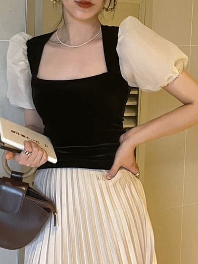 Woherb Vintage baršunasta bluza Ženske seksi majice s mekim puf rukavima s četvrtastim ovratnikom 2023. Proljeće ljeto Uske kratke majice Francuske bluze