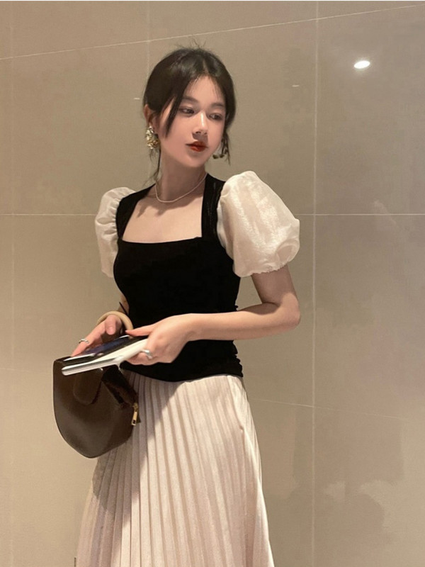 Woherb Vintage baršunasta bluza Ženske seksi majice s mekim puf rukavima s četvrtastim ovratnikom 2023. Proljeće ljeto Uske kratke majice Francuske bluze