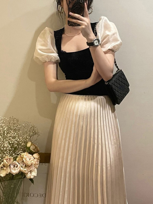 Woherb Vintage baršunasta bluza Ženske seksi majice s mekim puf rukavima s četvrtastim ovratnikom 2023. Proljeće ljeto Uske kratke majice Francuske bluze