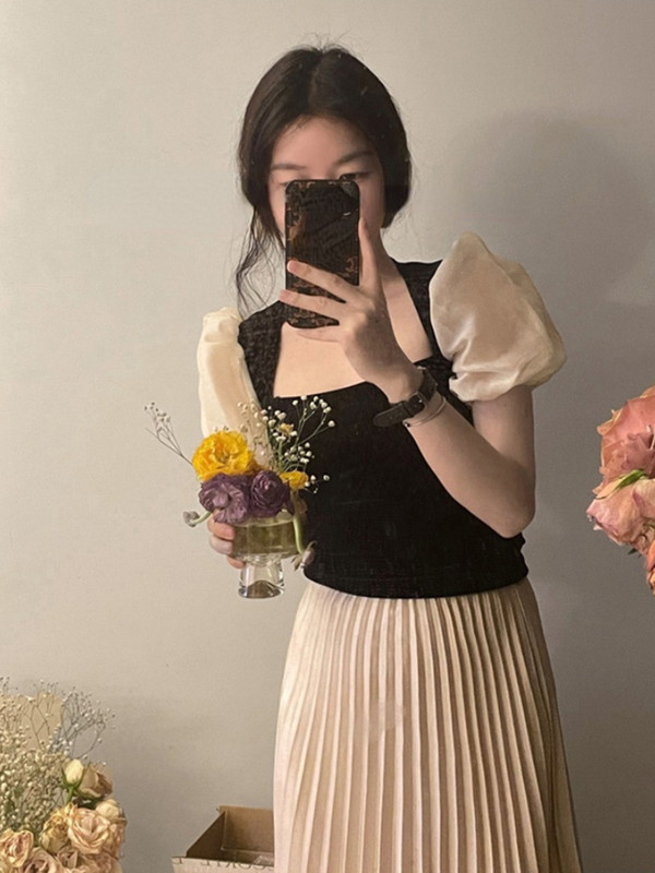 Woherb Vintage baršunasta bluza Ženske seksi majice s mekim puf rukavima s četvrtastim ovratnikom 2023. Proljeće ljeto Uske kratke majice Francuske bluze