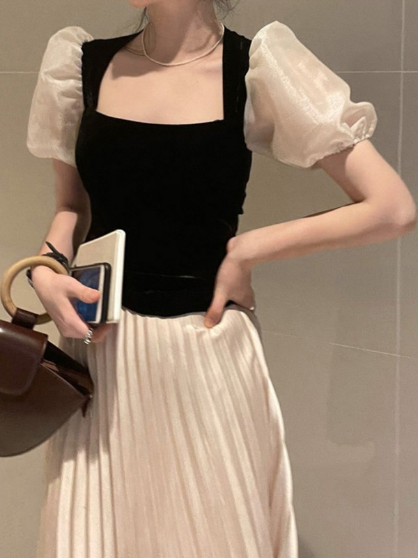 Woherb Vintage baršunasta bluza Ženske seksi majice s mekim puf rukavima s četvrtastim ovratnikom 2023. Proljeće ljeto Uske kratke majice Francuske bluze