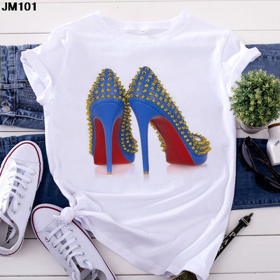Λευκό μπλουζάκι Γυναικείο Top Casual Tshirt Μόδα ψηλοτάκουνα παπούτσια με στάμπα γυναικεία ρούχα Μπλουζάκι Harajuku κοντομάνικο γυναικείο μπλουζάκι