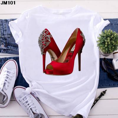Λευκό μπλουζάκι Γυναικείο Top Casual Tshirt Μόδα ψηλοτάκουνα παπούτσια με στάμπα γυναικεία ρούχα Μπλουζάκι Harajuku κοντομάνικο γυναικείο μπλουζάκι