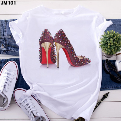 Λευκό μπλουζάκι Γυναικείο Top Casual Tshirt Μόδα ψηλοτάκουνα παπούτσια με στάμπα γυναικεία ρούχα Μπλουζάκι Harajuku κοντομάνικο γυναικείο μπλουζάκι