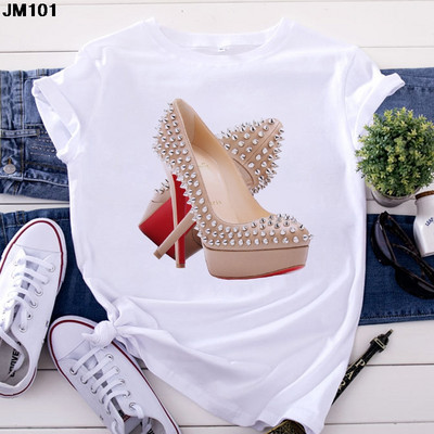 Λευκό μπλουζάκι Γυναικείο Top Casual Tshirt Μόδα ψηλοτάκουνα παπούτσια με στάμπα γυναικεία ρούχα Μπλουζάκι Harajuku κοντομάνικο γυναικείο μπλουζάκι