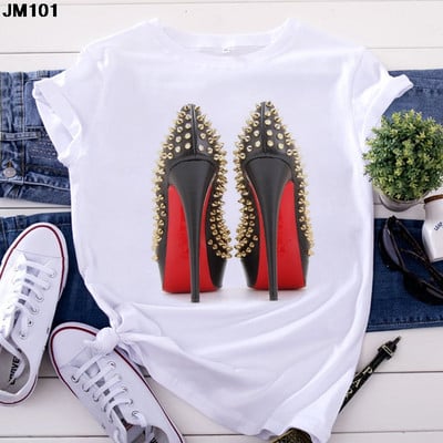 Λευκό μπλουζάκι Γυναικείο Top Casual Tshirt Μόδα ψηλοτάκουνα παπούτσια με στάμπα γυναικεία ρούχα Μπλουζάκι Harajuku κοντομάνικο γυναικείο μπλουζάκι