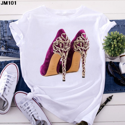 Λευκό μπλουζάκι Γυναικείο Top Casual Tshirt Μόδα ψηλοτάκουνα παπούτσια με στάμπα γυναικεία ρούχα Μπλουζάκι Harajuku κοντομάνικο γυναικείο μπλουζάκι