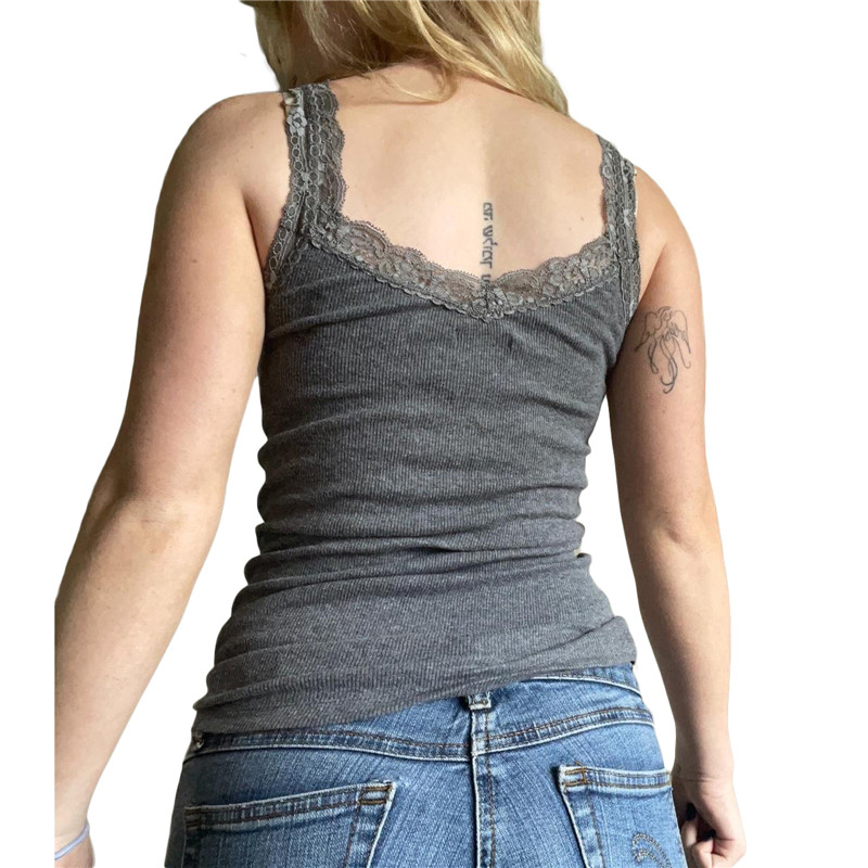 Xingqing y2k majica bez rukava Grunge Fairycore odjeća Ženska čipkasta majica s V izrezom bez rukava Osnovna rebrasta odjeća Ulična odjeća 2000-ih
