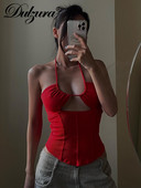 Dulzura nyári női bordázott szexi Y2K ruhák Fűzős kötőfék Ujjatlan, hát nélküli, üreges fűző Crop felső esztétikai nagykereskedés