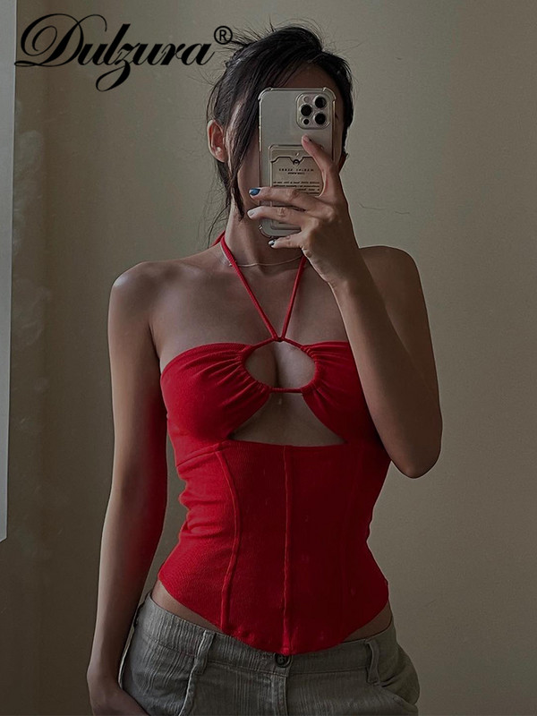 Dulzura nyári női bordázott szexi Y2K ruhák Fűzős kötőfék Ujjatlan, hát nélküli, üreges fűző Crop felső esztétikai nagykereskedés