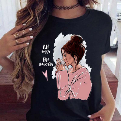 Модна дамска тениска с щампа за кафе момиче Нова черна дамска ежедневна тениска с кръгло деколте Harajuku от 90-те Kawaii тениска с къс ръкав