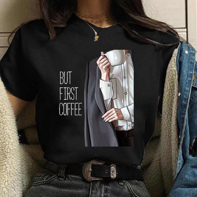 Coffee Girl Fashion Women Print T-särk Uus must naiste vabaaja ülaosa ümara kaelusega Harajuku 90ndate Kawaii lühikeste varrukatega särk