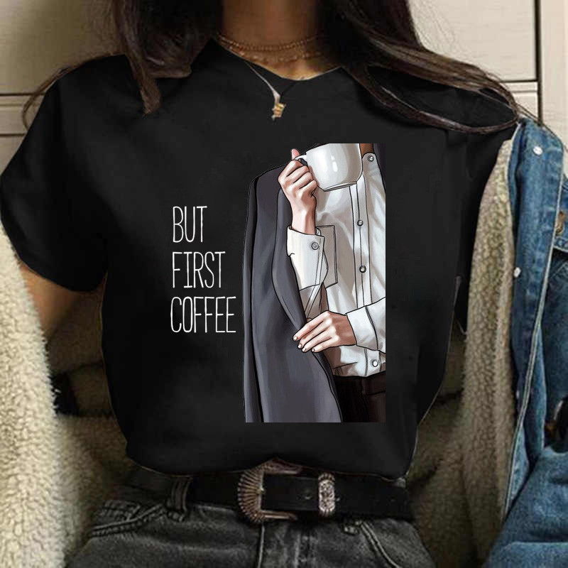 Coffee Girl Fashion Women Print T-särk Uus must naiste vabaaja ülaosa ümara kaelusega Harajuku 90ndate Kawaii lühikeste varrukatega särk