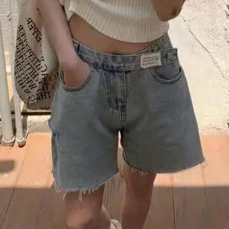 Rövidnadrágok Női Hole Farmer Nyári Magas Derék Zsebek Gomb Dizájn Alkalmi Egyszerű, Szilárd, Mindenhez illő utcai ruházat шорты женский