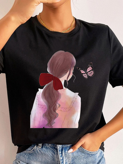 Ljetne ulične ženske ležerne modne majice Majice kratkih rukava s uzorkom s pogledom na leđa za djevojke O-izrezom Ženske majice kratkih rukava