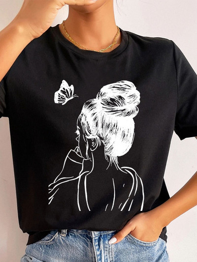 Ljetne ulične ženske ležerne modne majice Majice kratkih rukava s uzorkom s pogledom na leđa za djevojke O-izrezom Ženske majice kratkih rukava