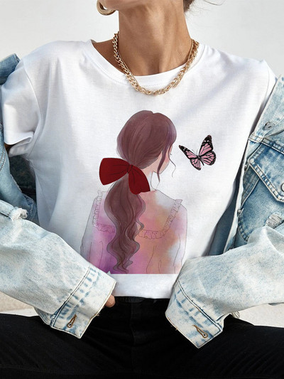 Ljetne ulične ženske ležerne modne majice Majice kratkih rukava s uzorkom s pogledom na leđa za djevojke O-izrezom Ženske majice kratkih rukava