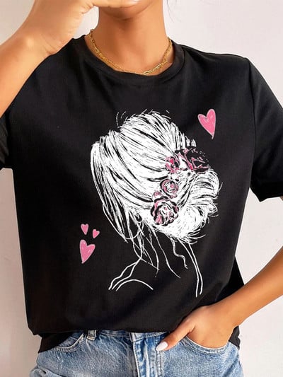 Ljetne ulične ženske ležerne modne majice Majice kratkih rukava s uzorkom s pogledom na leđa za djevojke O-izrezom Ženske majice kratkih rukava