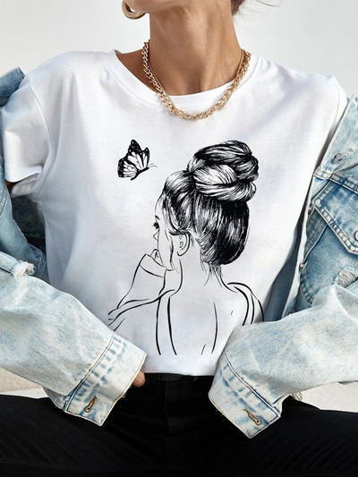 Ljetne ulične ženske ležerne modne majice Majice kratkih rukava s uzorkom s pogledom na leđa za djevojke O-izrezom Ženske majice kratkih rukava