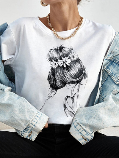 Ljetne ulične ženske ležerne modne majice Majice kratkih rukava s uzorkom s pogledom na leđa za djevojke O-izrezom Ženske majice kratkih rukava