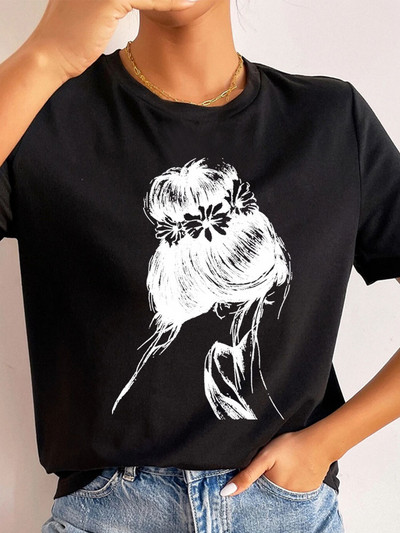 Ljetne ulične ženske ležerne modne majice Majice kratkih rukava s uzorkom s pogledom na leđa za djevojke O-izrezom Ženske majice kratkih rukava