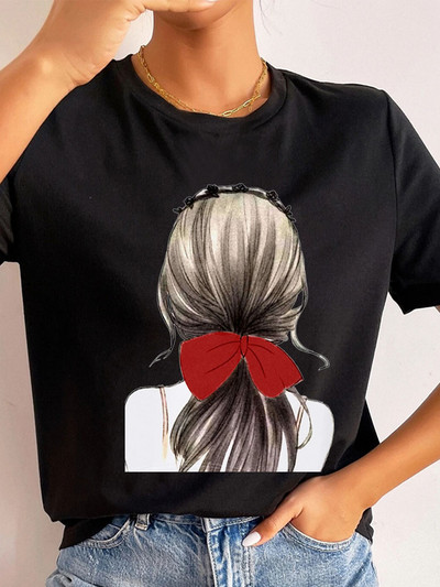 Ljetne ulične ženske ležerne modne majice Majice kratkih rukava s uzorkom s pogledom na leđa za djevojke O-izrezom Ženske majice kratkih rukava