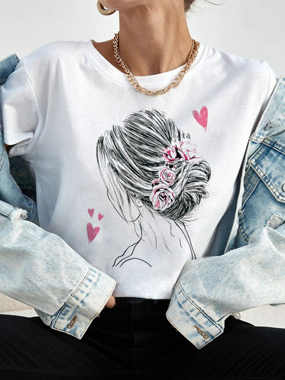 Ljetne ulične ženske ležerne modne majice Majice kratkih rukava s uzorkom s pogledom na leđa za djevojke O-izrezom Ženske majice kratkih rukava