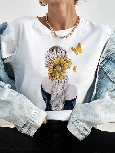 Ljetne ulične ženske ležerne modne majice Majice kratkih rukava s uzorkom s pogledom na leđa za djevojke O-izrezom Ženske majice kratkih rukava