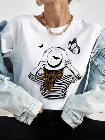 Ljetne ulične ženske ležerne modne majice Majice kratkih rukava s uzorkom s pogledom na leđa za djevojke O-izrezom Ženske majice kratkih rukava