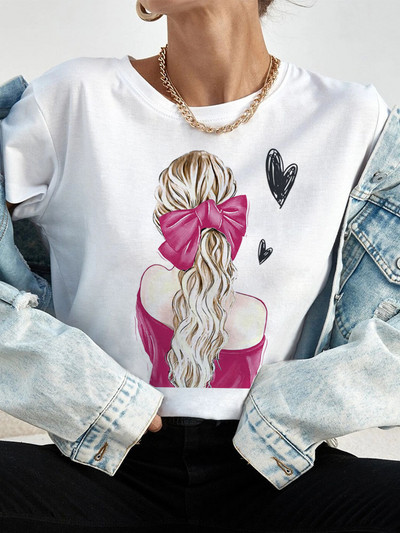 Ljetne ulične ženske ležerne modne majice Majice kratkih rukava s uzorkom s pogledom na leđa za djevojke O-izrezom Ženske majice kratkih rukava