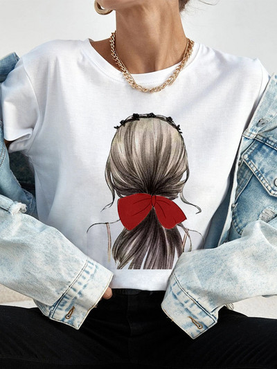 Ljetne ulične ženske ležerne modne majice Majice kratkih rukava s uzorkom s pogledom na leđa za djevojke O-izrezom Ženske majice kratkih rukava