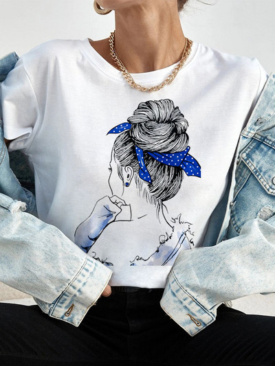 Ljetne ulične ženske ležerne modne majice Majice kratkih rukava s uzorkom s pogledom na leđa za djevojke O-izrezom Ženske majice kratkih rukava