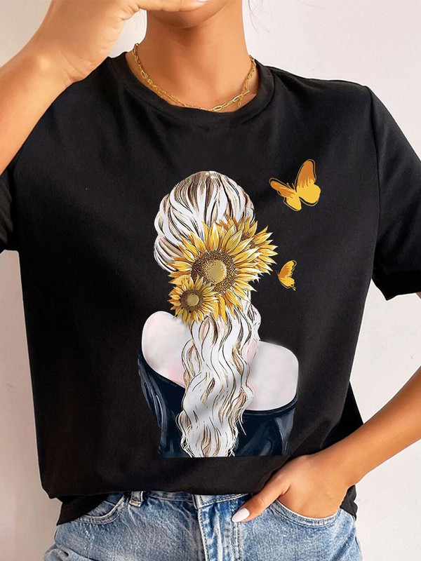 Ljetne ulične ženske ležerne modne majice Majice kratkih rukava s uzorkom s pogledom na leđa za djevojke O-izrezom Ženske majice kratkih rukava